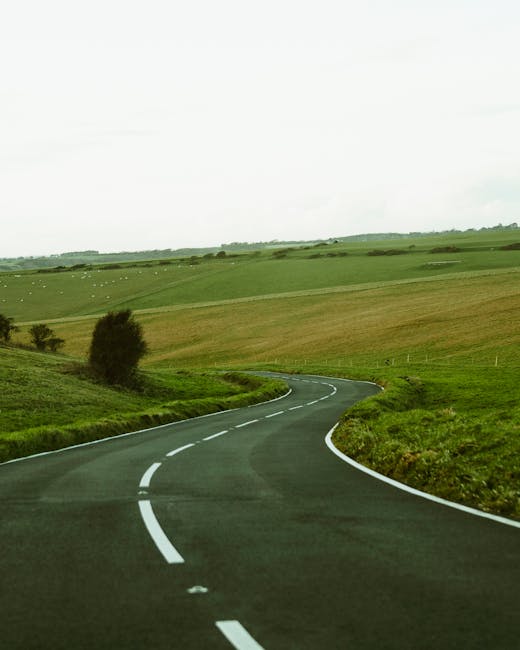 A winding dual carriageway with multiple lanes curves through a hilly area, with a red and white van parked on the roadside near a small tree and a metal guardrail. Several cars are driving along the 